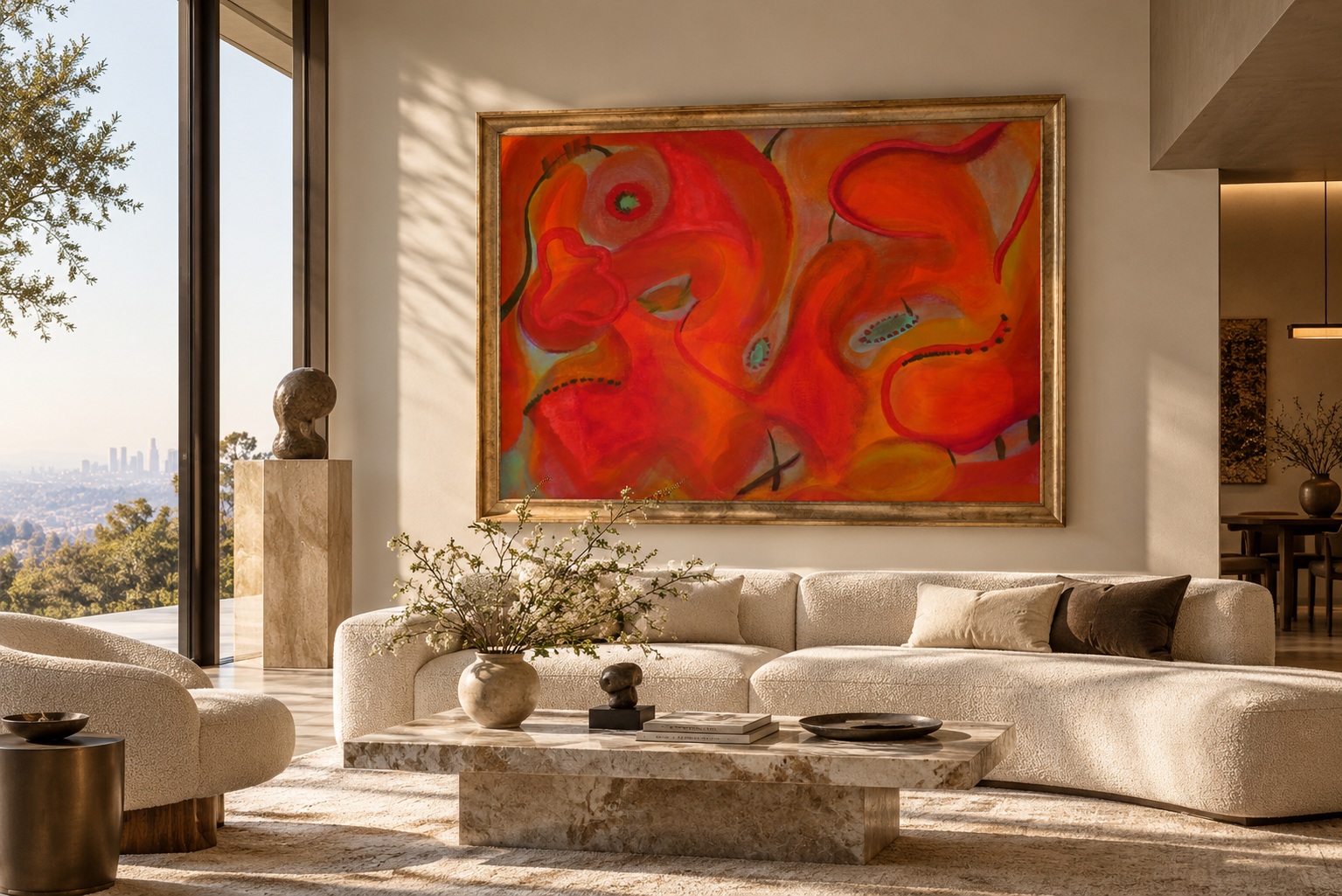 Sunlit Los Angeles living room with a large red abstract painting in a gold frame