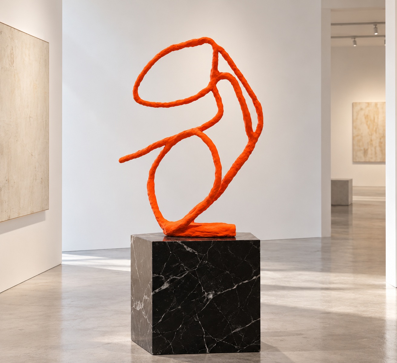 Orange open-form sculpture on a black marble plinth in a gallery