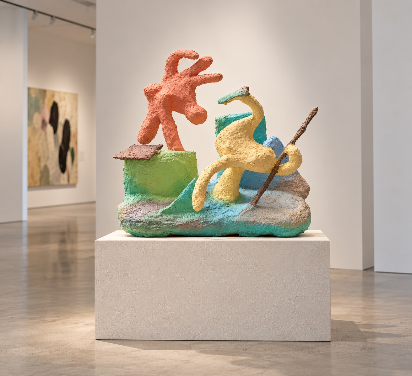 Pastel figurative sculpture on a white gallery plinth