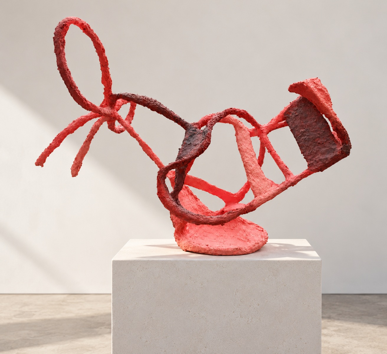 Coral-red looping sculpture on a pale gallery plinth