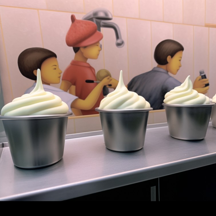 Three soft-serve sculptural objects in metallic cups
