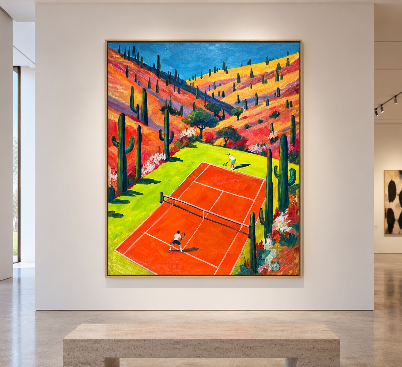 Framed tennis landscape painting in a contemporary gallery