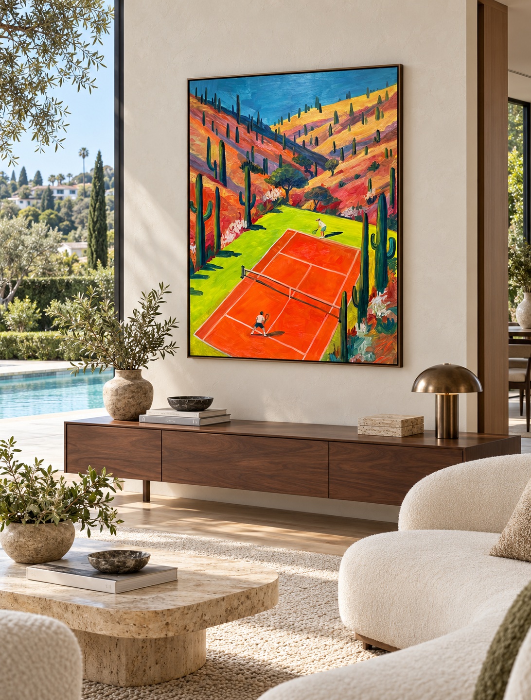 Illustrative Beverly Hills living room with the tennis painting installed