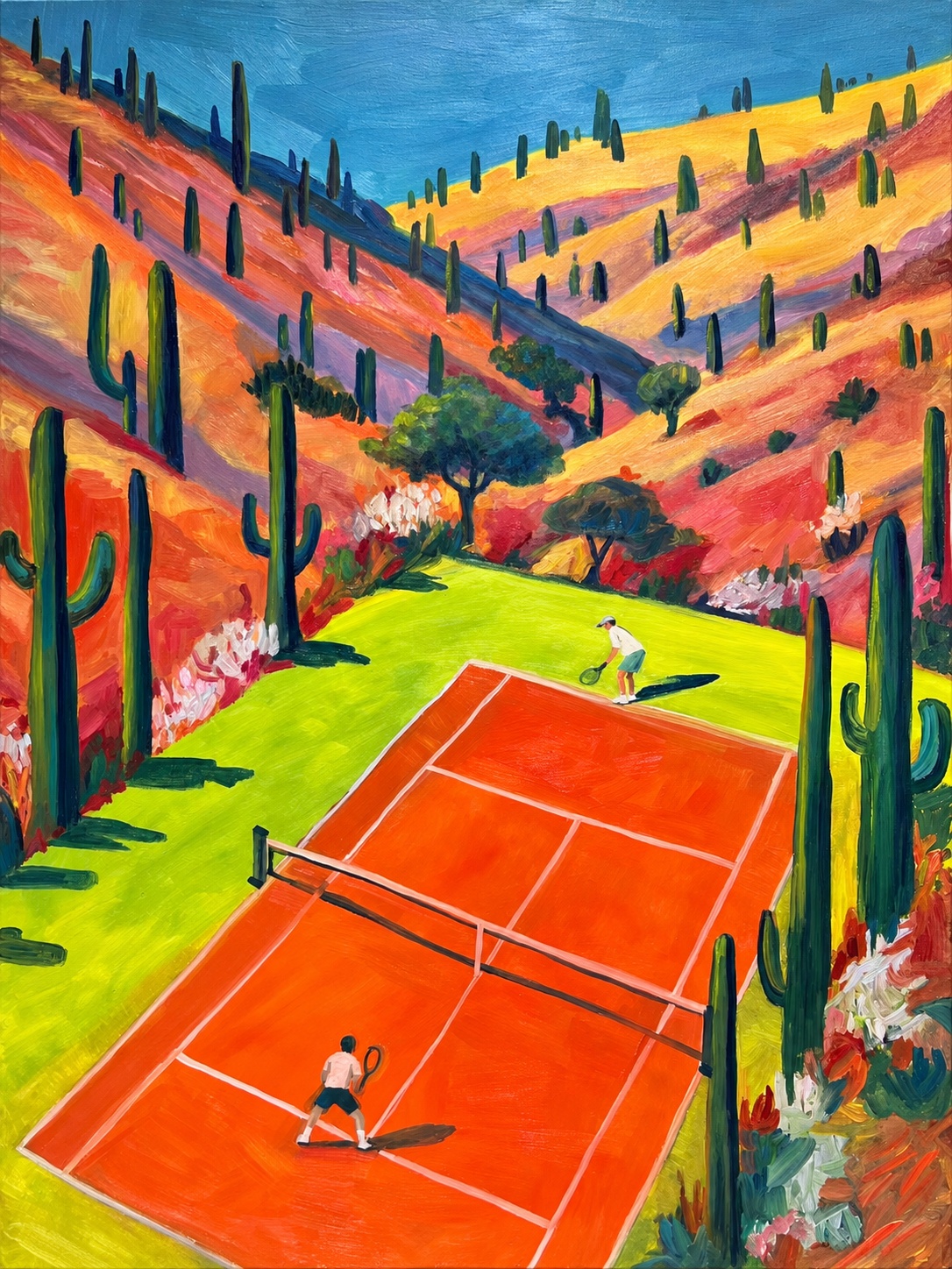 Orange tennis court and two players amid cactus-covered hills